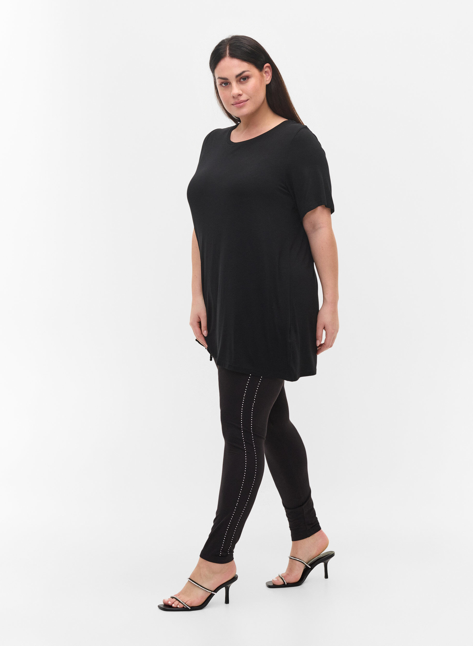 Zizzi Leggings aus Viskose mit Ziersteinen an der Seite, Black, Model image number 0