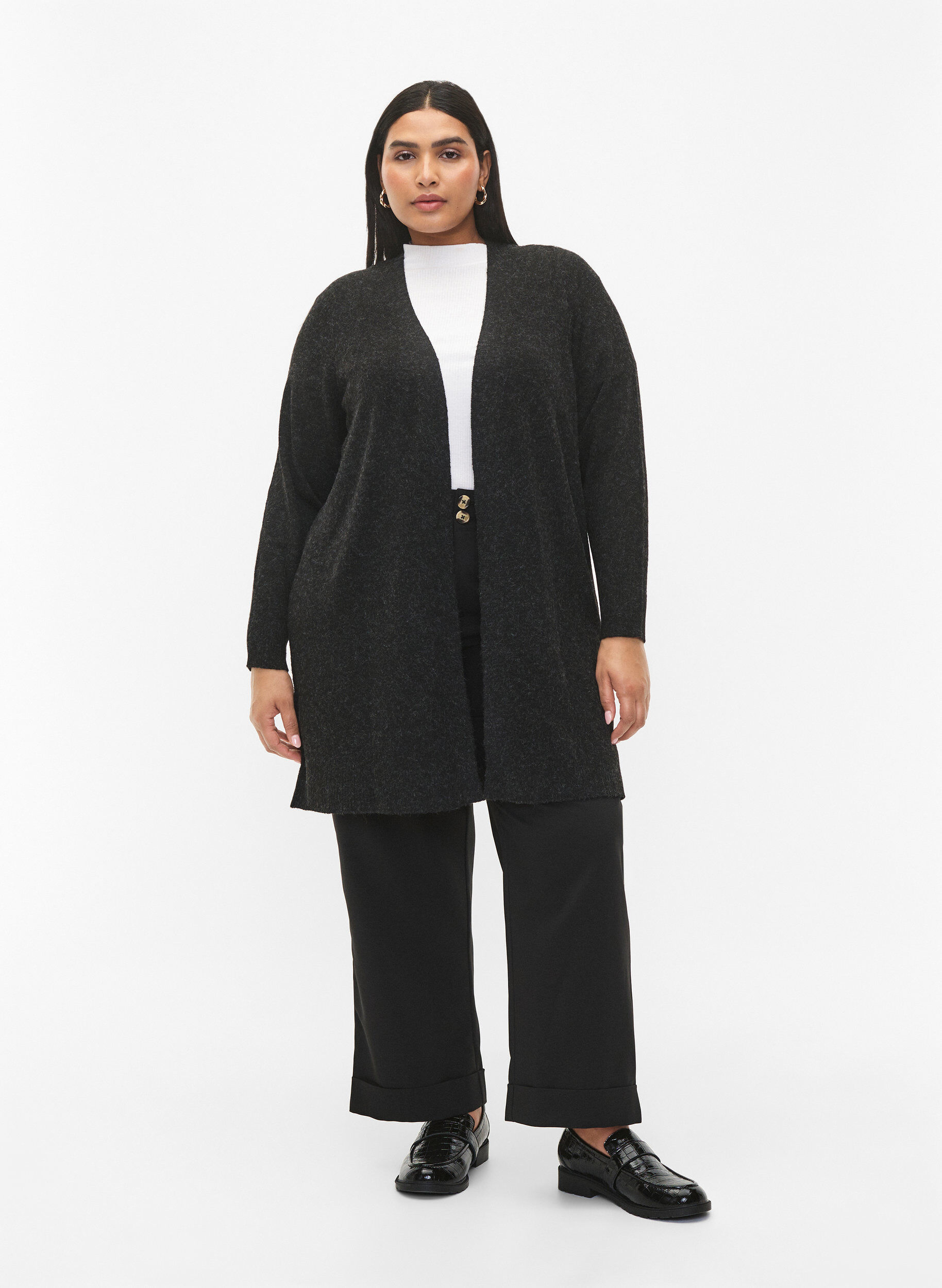 Zizzi Lange Strickjacke mit offener Vorderseite, Dark Grey Melange, Model image number 2