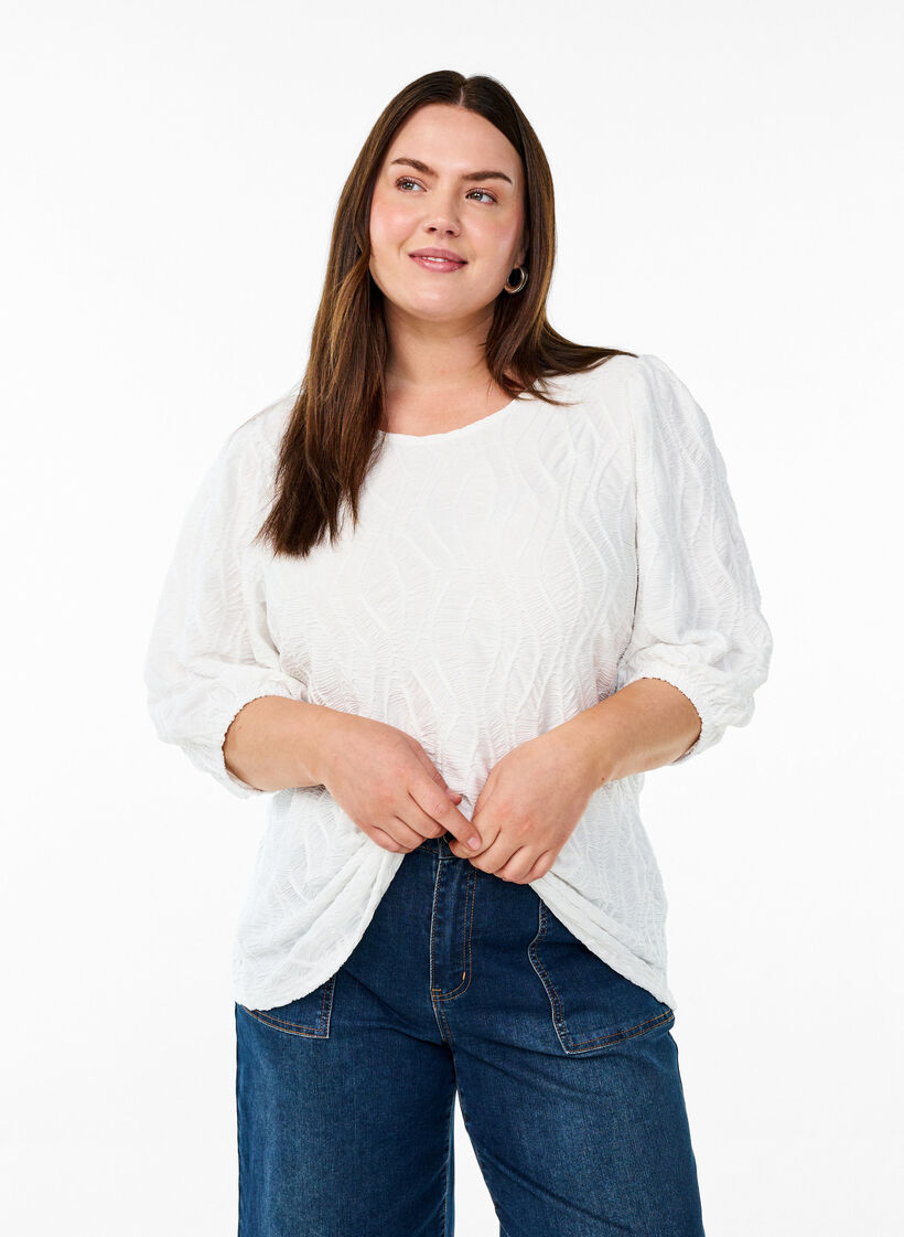 Bluse mit Struktur und 3/4-&Auml;rmeln, Wei&szlig;, Model image number 0