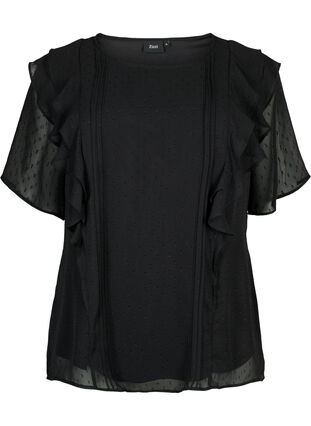Kurzärmelige Bluse mit Rüschen und Pünktchenmuster, Black, Packshot image number 0