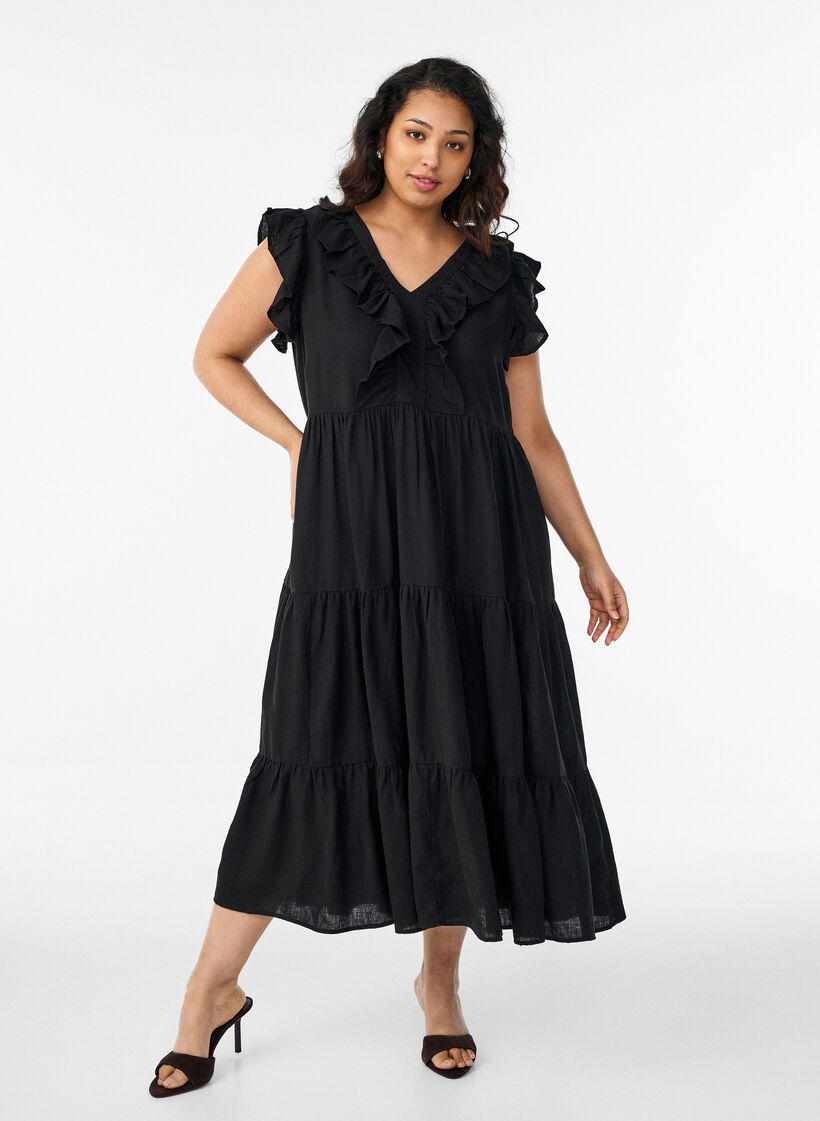 &Auml;rmelloses Midikleid aus Leinen und Viskose mit R&uuml;schen, Schwarz, Model image number 0