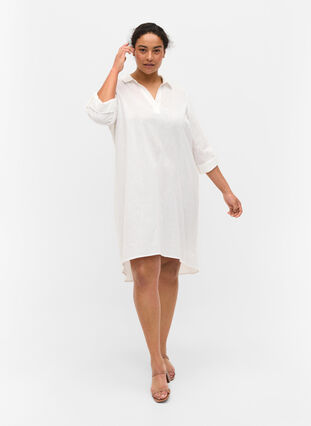 Gestreiftes Kleid aus Baumwolle und Leinen, White, Model image number 2