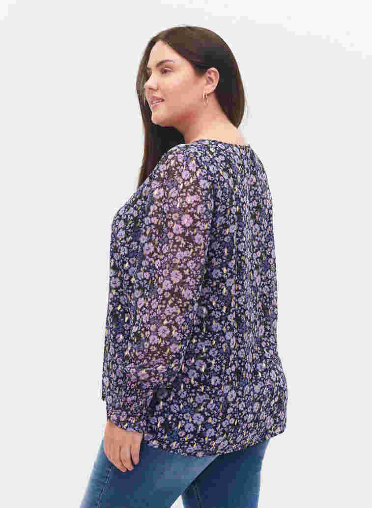 Geblümte Bluse mit langen Ärmeln und V-Ausschnitt, Purple Ditzy Flower, Model image number 1