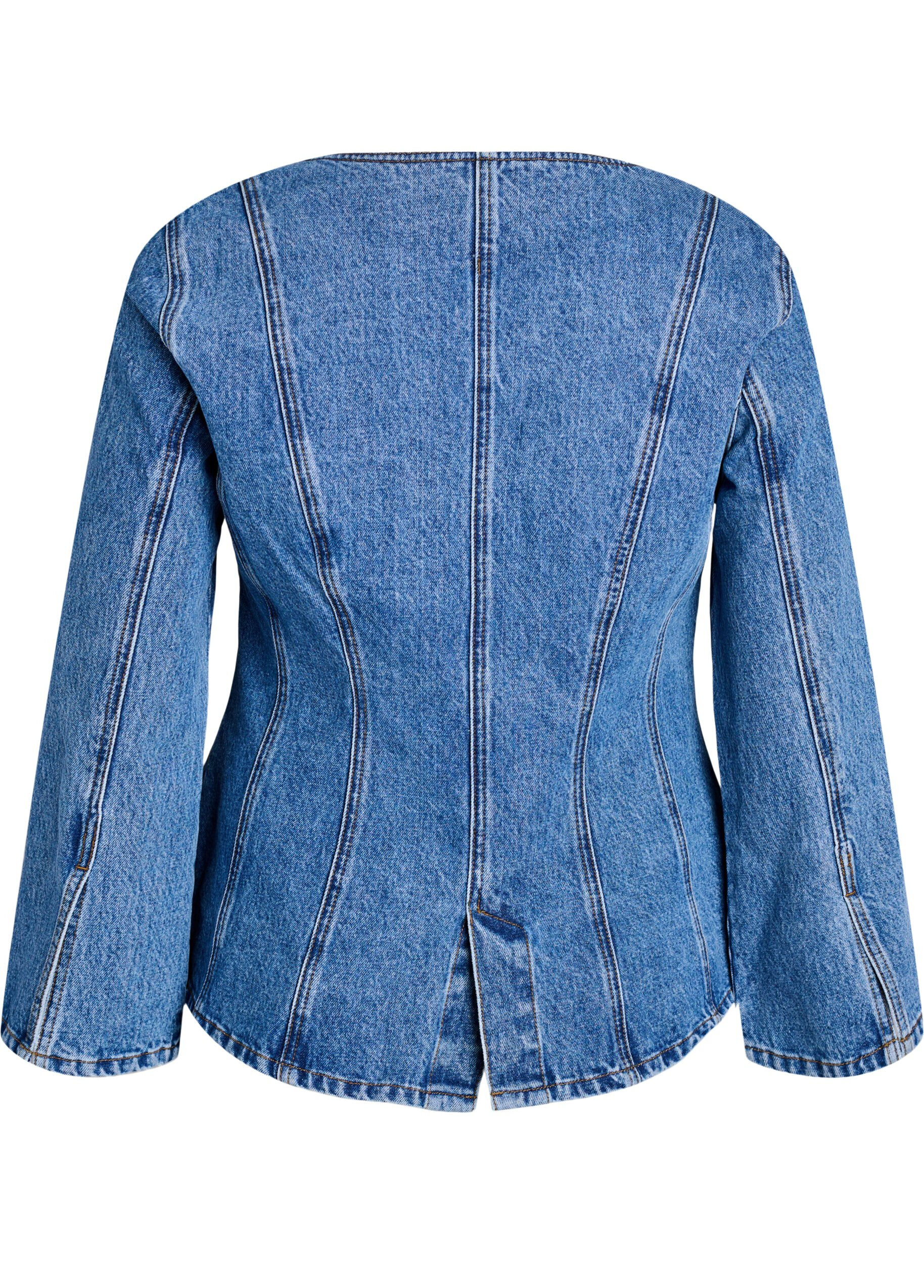 Zizzi Jeansjacke mit formgebenden N&auml;hten und V-Ausschnitt, Blau, Packshot image number 1