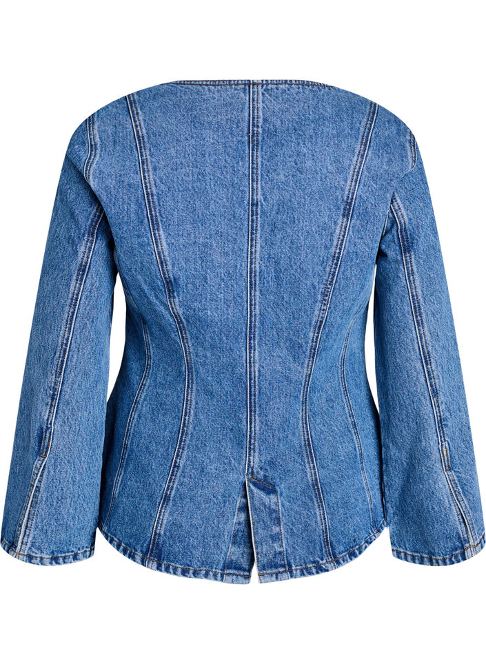 Jeansjacke mit formgebenden N&auml;hten und V-Ausschnitt, Blau, Packshot image number 1