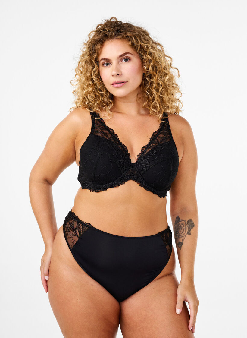 Stringtanga aus Mikrofaser mit Spitzensaum, Schwarz, Model image number 0