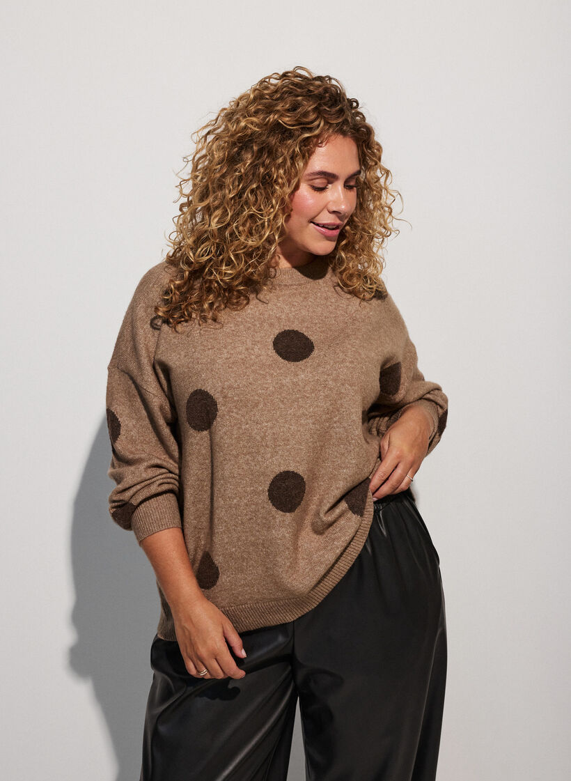Strickbluse mit gepunktetem Muster, Braun, Model image number 0