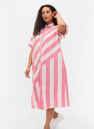 Kurzärmeliges Hemdkleid aus Baumwolle mit Streifen, Magenta Stripe, Model image number 2