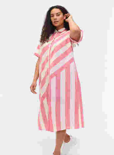 Kurzärmeliges Hemdkleid aus Baumwolle mit Streifen, Magenta Stripe, Model image number 2