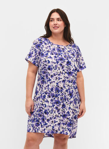 Kleid mit Aufdruck und kurzen Ärmeln, Purple Small Flower, Model image number 0
