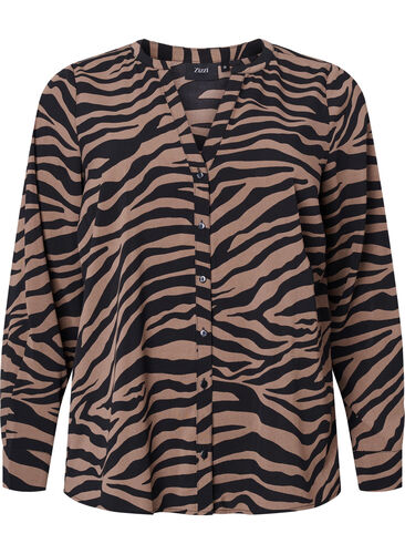 Hemd mit V-Ausschnitt und Zebradruck, Black/Brown Zebra, Packshot image number 0