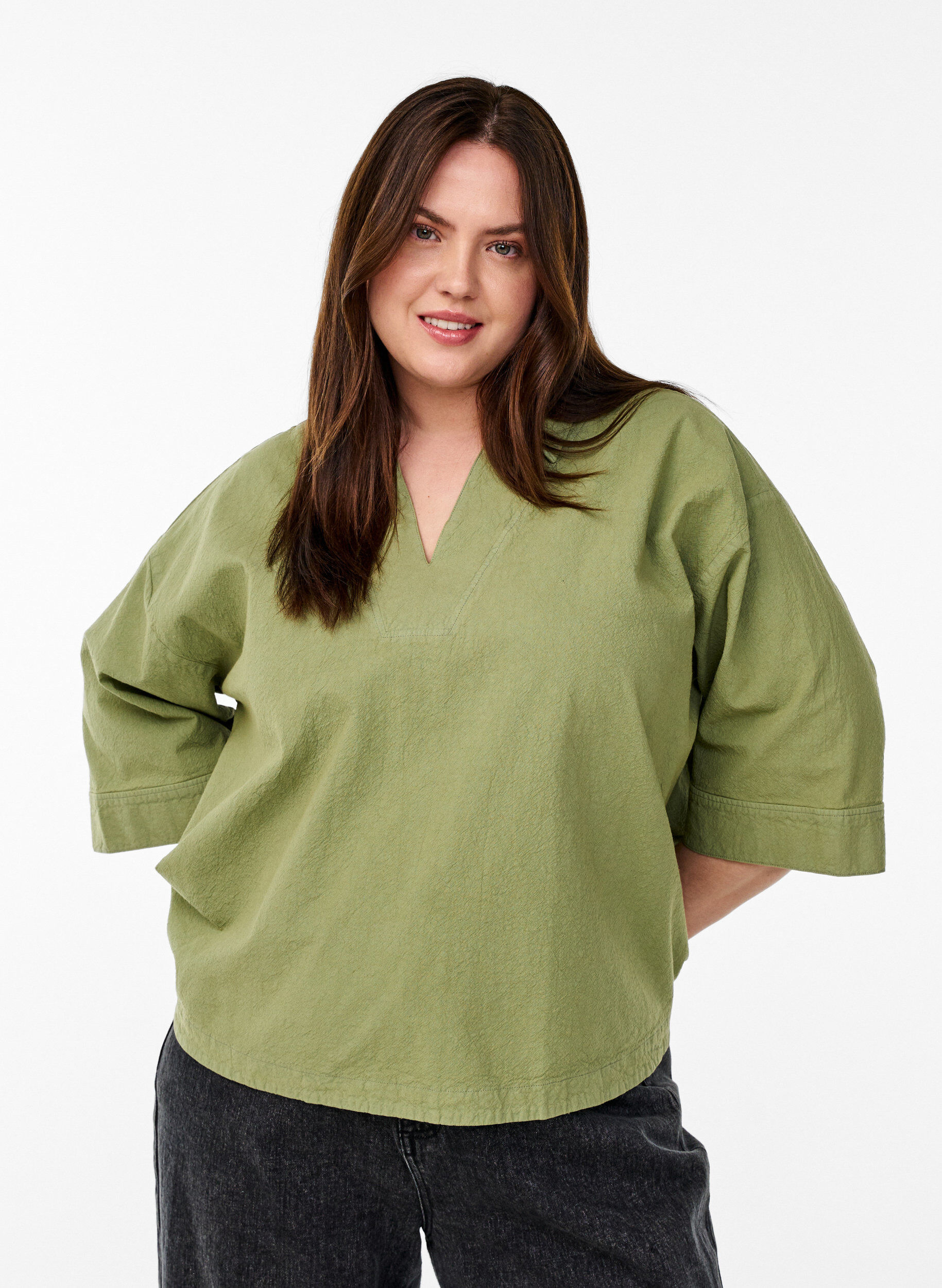 Zizzi Lockere Bluse mit Kragen und 1/2 &Auml;rmeln, Gr&uuml;n, Model image number 0