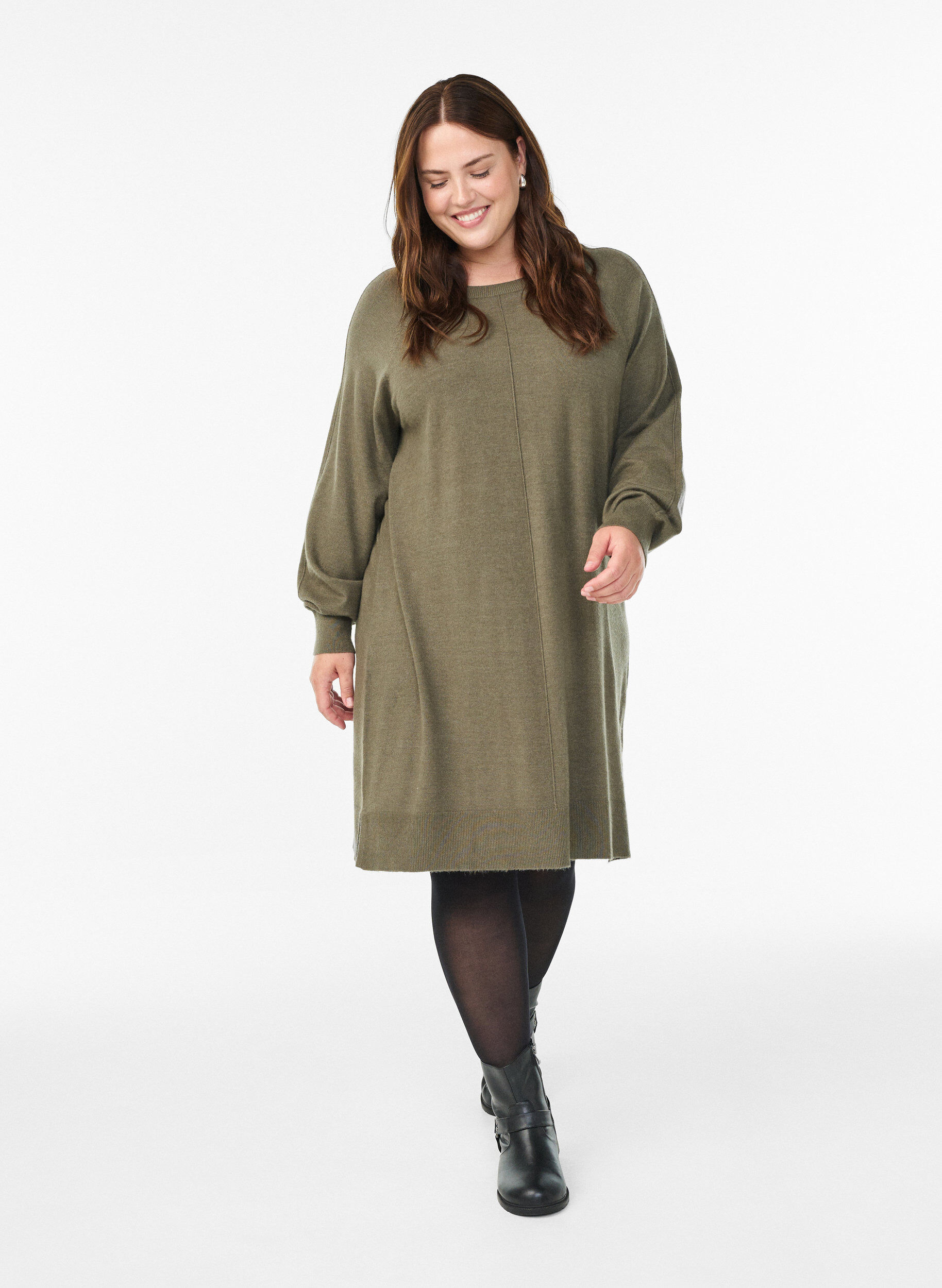 Zizzi Strickkleid mit Raglan&auml;rmeln und Mittelnaht, Gr&uuml;n, Model image number 1