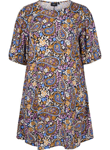 Kurzärmeliges Kleid aus Viskose mit Paisley-Print, Black G. Sky Paisley, Packshot image number 0