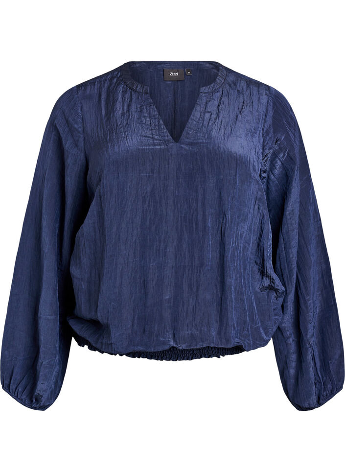 Bluse mit V-Ausschnitt und Crinkle-Struktur, Blau, Packshot image number 0