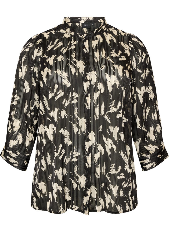 Gemusterte Bluse mit Stehkragen und 3/4-&Auml;rmeln, Schwarz, Packshot image number 0