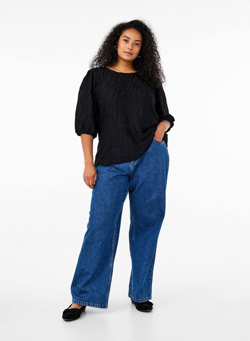 Bluse mit Struktur und 3/4-&Auml;rmeln, Schwarz, Model image number 1
