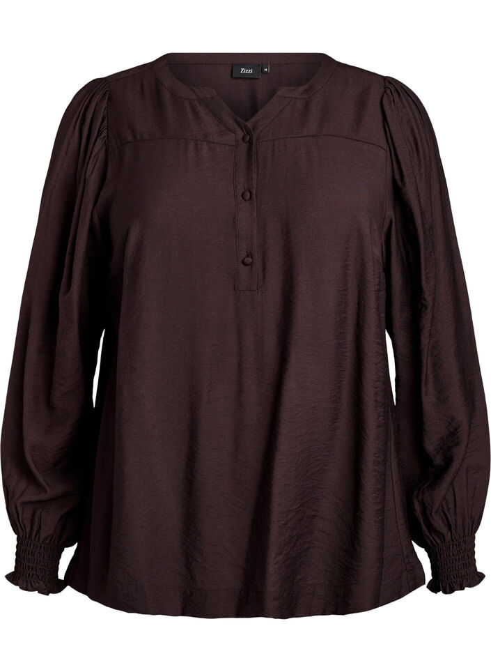 Viskose-Bluse mit Puff&auml;rmeln und gerafften Details, Braun, Packshot image number 0