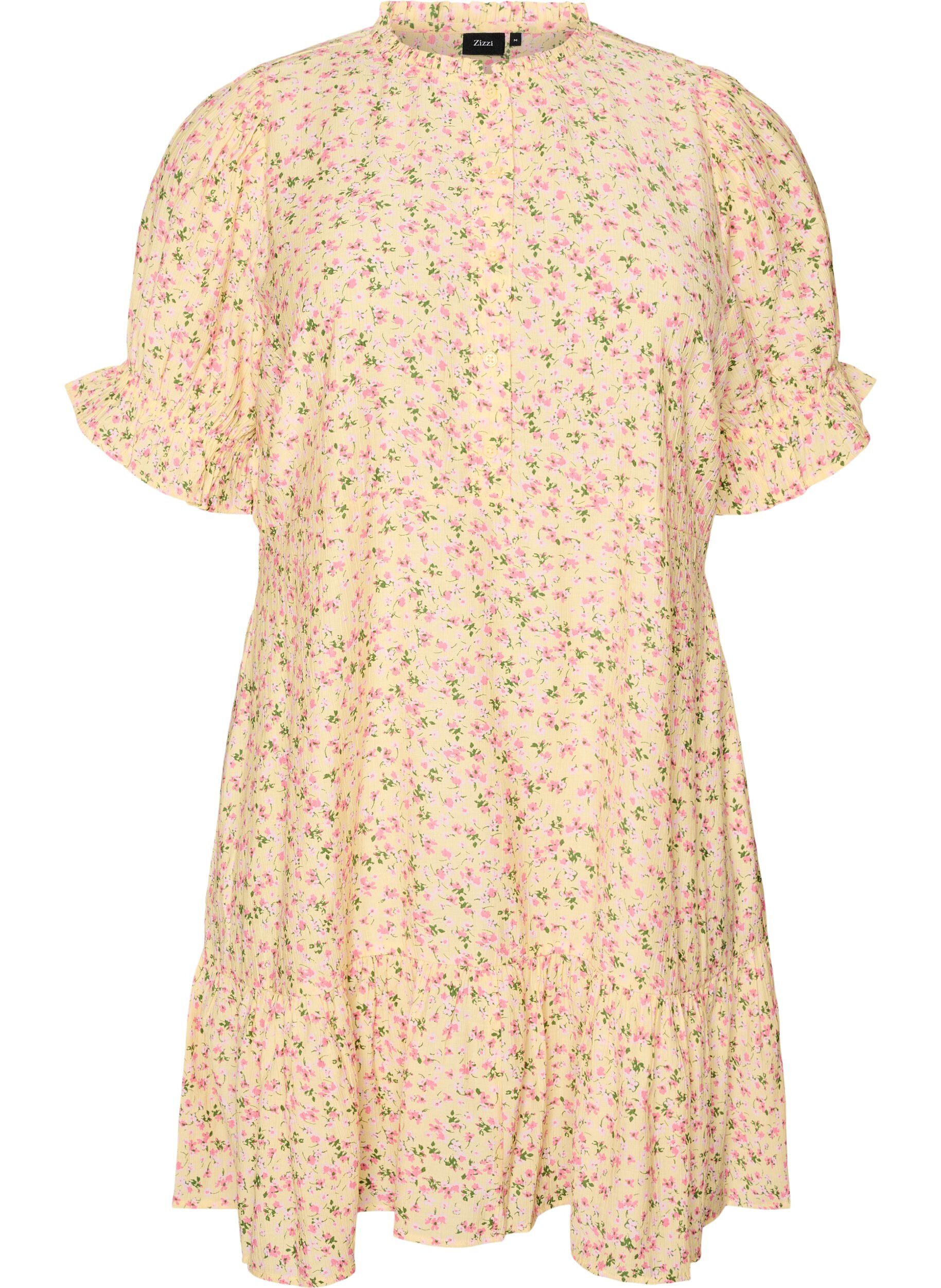 ZizziKurzes Kleid aus Viskose mit R&uuml;schendetails, Gelb, Packshot image number 0