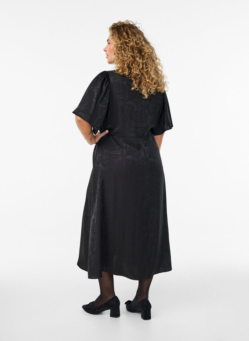 Midikleid aus Jacquard mit Paisleymuster und Flügelärmeln, Schwarz, Model image number 1