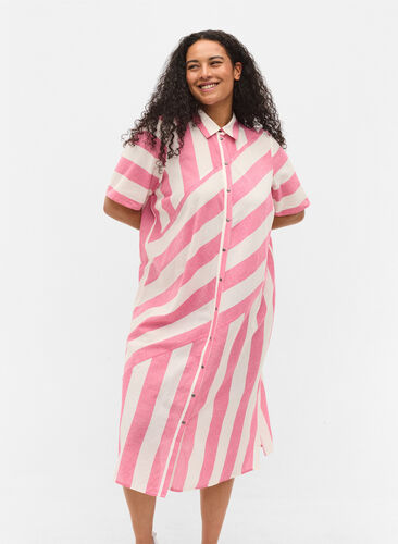 Kurzärmeliges Hemdkleid aus Baumwolle mit Streifen, Magenta Stripe, Model image number 0