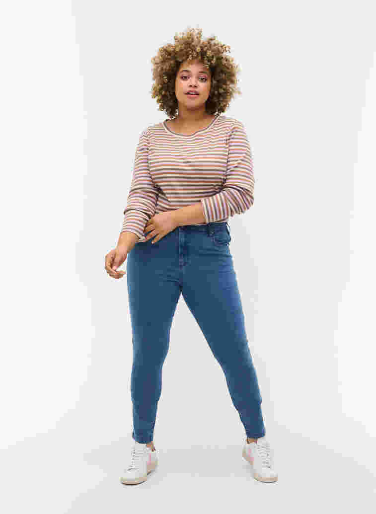 Gestreifte Bluse mit Rundhalsausschnitt und langen Ärmeln, Purple Camel Stripe, Model image number 2