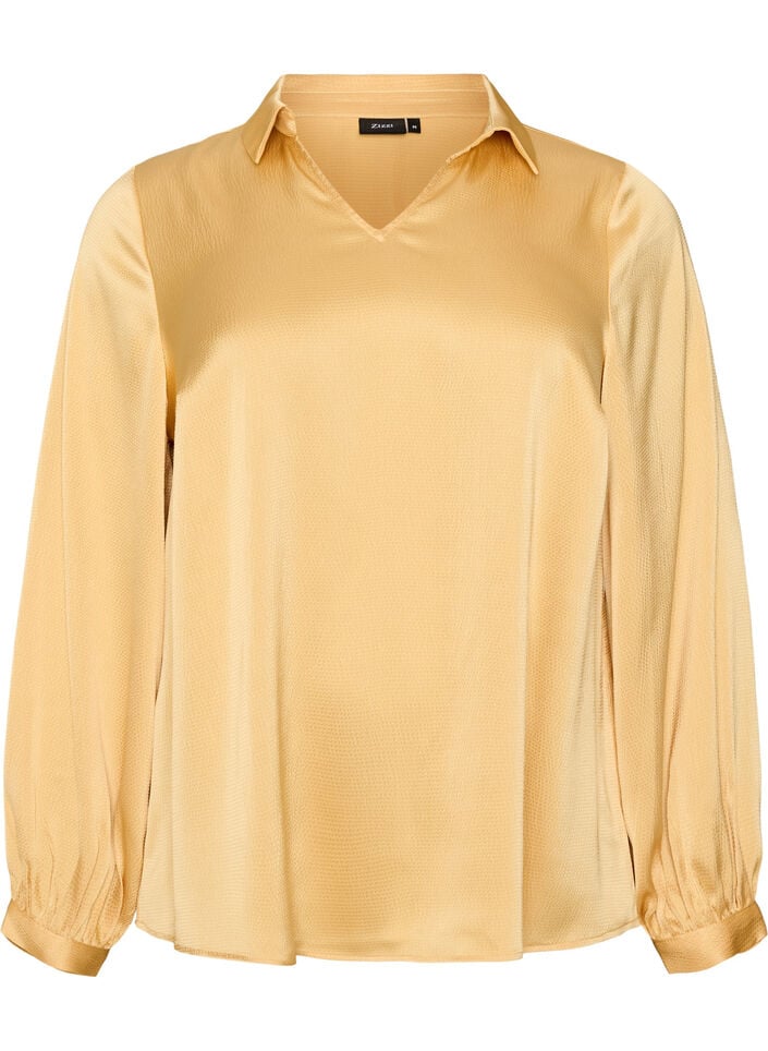 Bluse mit Hemdkragen und V-Ausschnitt, Gelb, Packshot image number 0