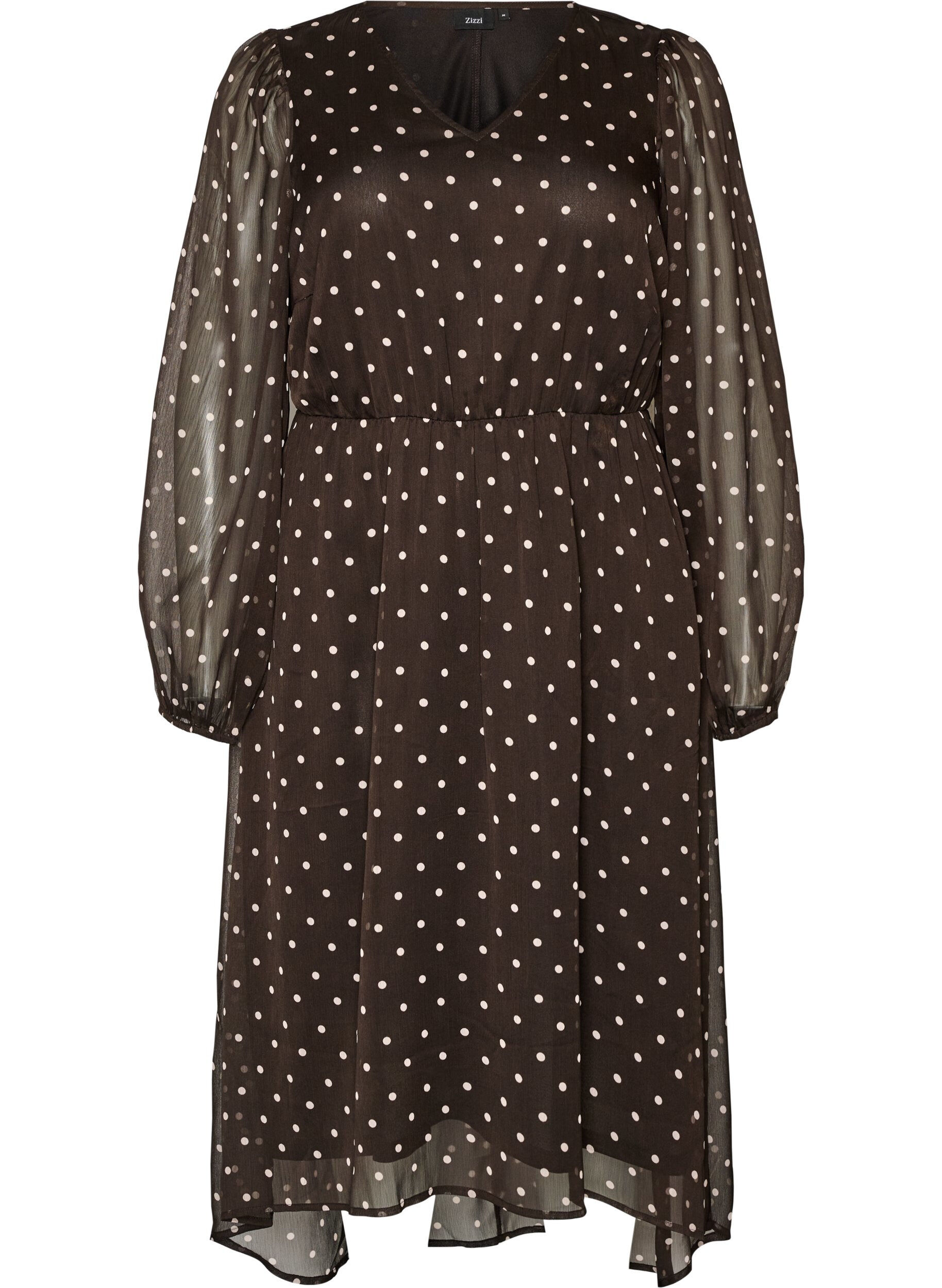 ZizziKleid aus Chiffon mit Polka Dots und langen &Auml;rmeln, Braun, Packshot image number 0