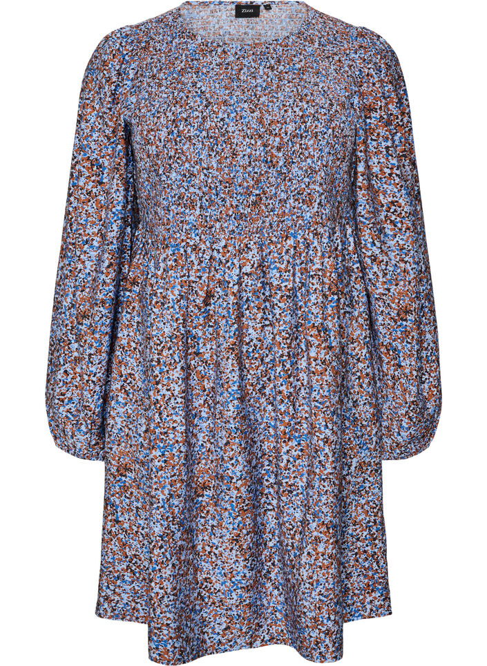 Kleid aus Viskose mit Smock und Allover-Muster, Blau, Packshot image number 0