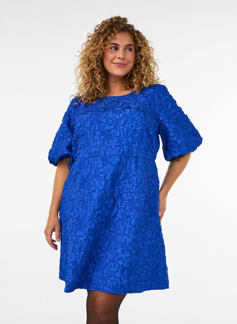 Kleid aus Jacquard mit Puff&auml;rmeln und A-Linie, Blau, Model image number 0