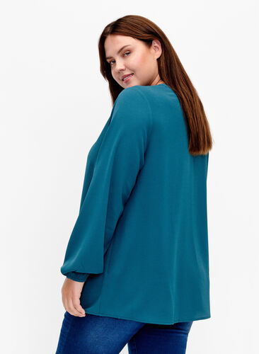 Unifarbene Bluse mit V-Ausschnitt, Deep Teal, Model image number 1