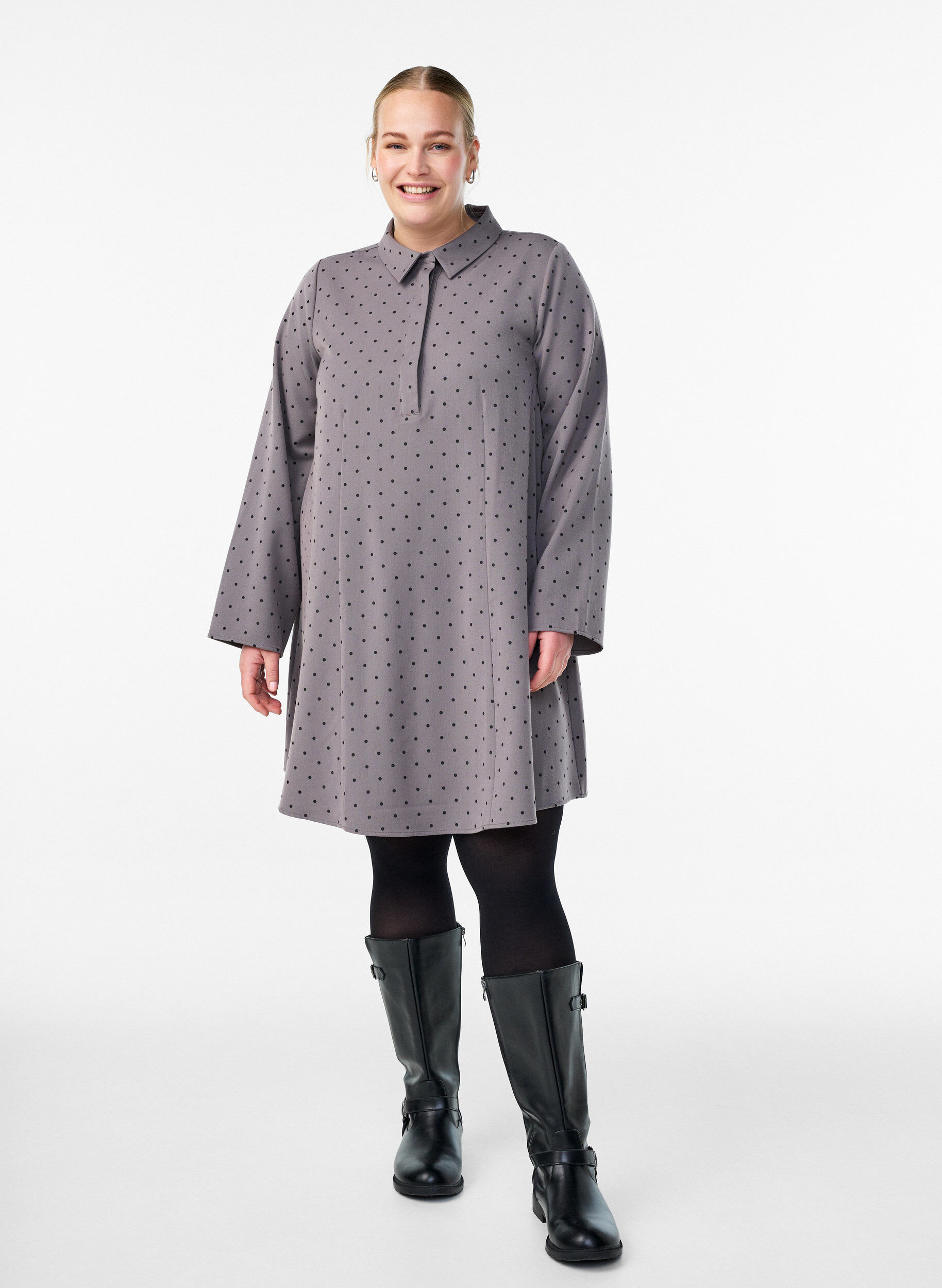 Zizzi Kurzes A-Linien-Kleid mit langen &Auml;rmeln, Grau, Model image number 1