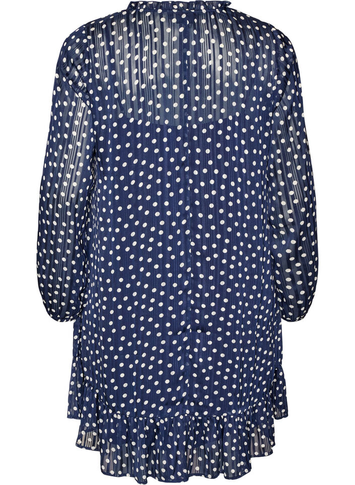 Gemustertes Kleid mit R&uuml;schen und langen &Auml;rmeln, Blau, Packshot image number 1