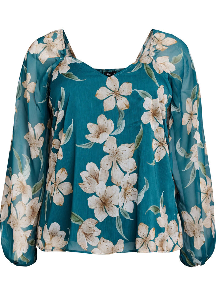 Bluse aus Chiffon mit gebl&uuml;mtem Print und langen &Auml;rmeln, Gr&uuml;n, Packshot image number 0