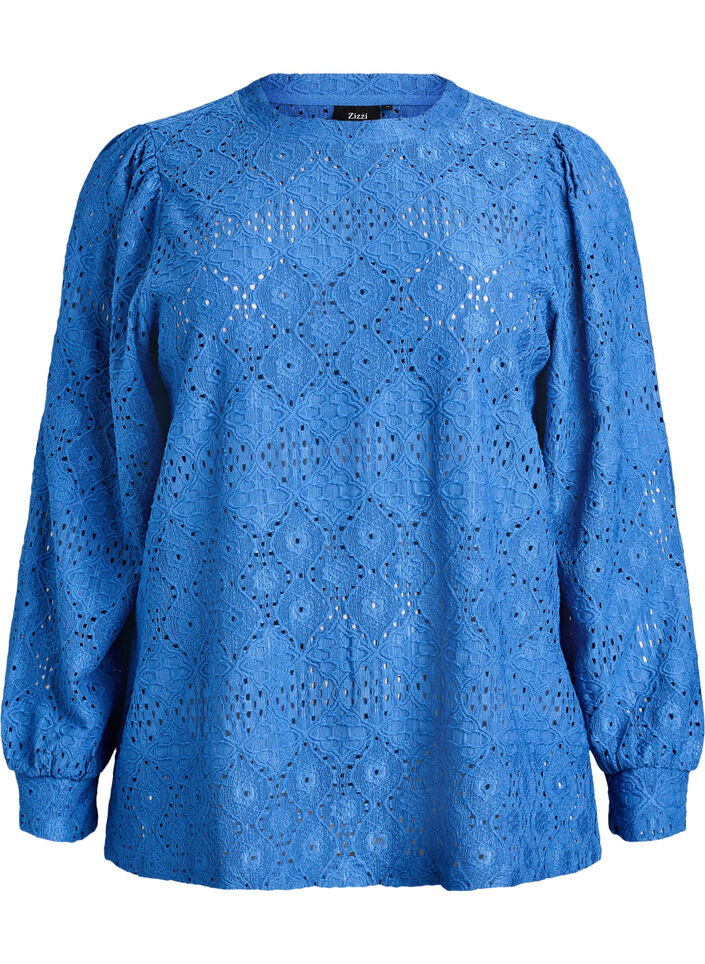 Langärmelige Bluse mit Lochstickerei, Blau, Packshot image number 0