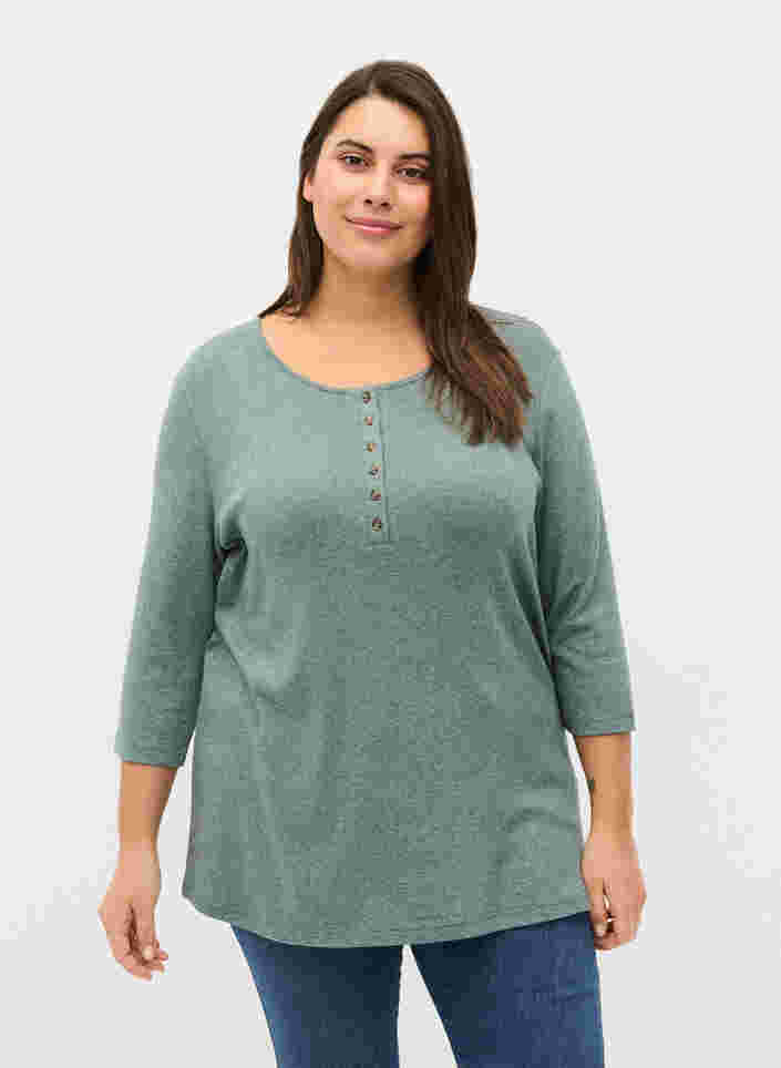Einfarbige Bluse mit Knöpfen und 3/4-Ärmel, Green Melange, Model
