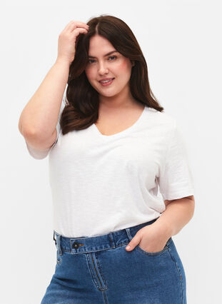Kurzärmliges Basic-T-Shirt mit V-Ausschnitt, Bright White, Model image number 0