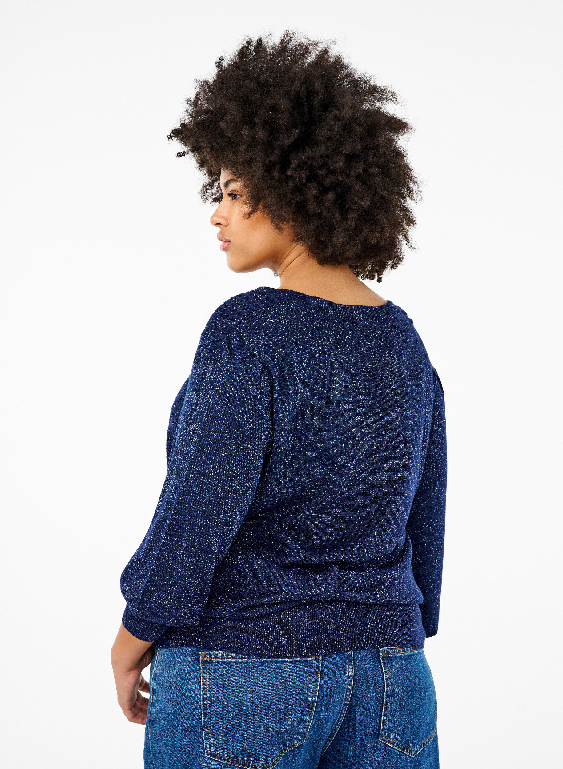 Zizzi Strickbluse mit Schimmer-Effekt und V-Ausschnitt, Naval A.w.Blue Lurex, Model image number 1
