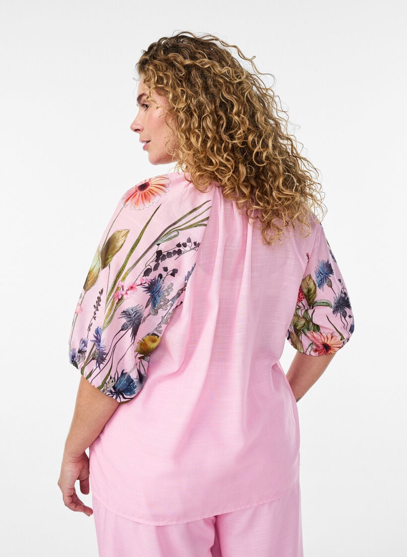 Bluse mit Bindedetail und gebl&uuml;mten &Auml;rmeln, Pink, Model
