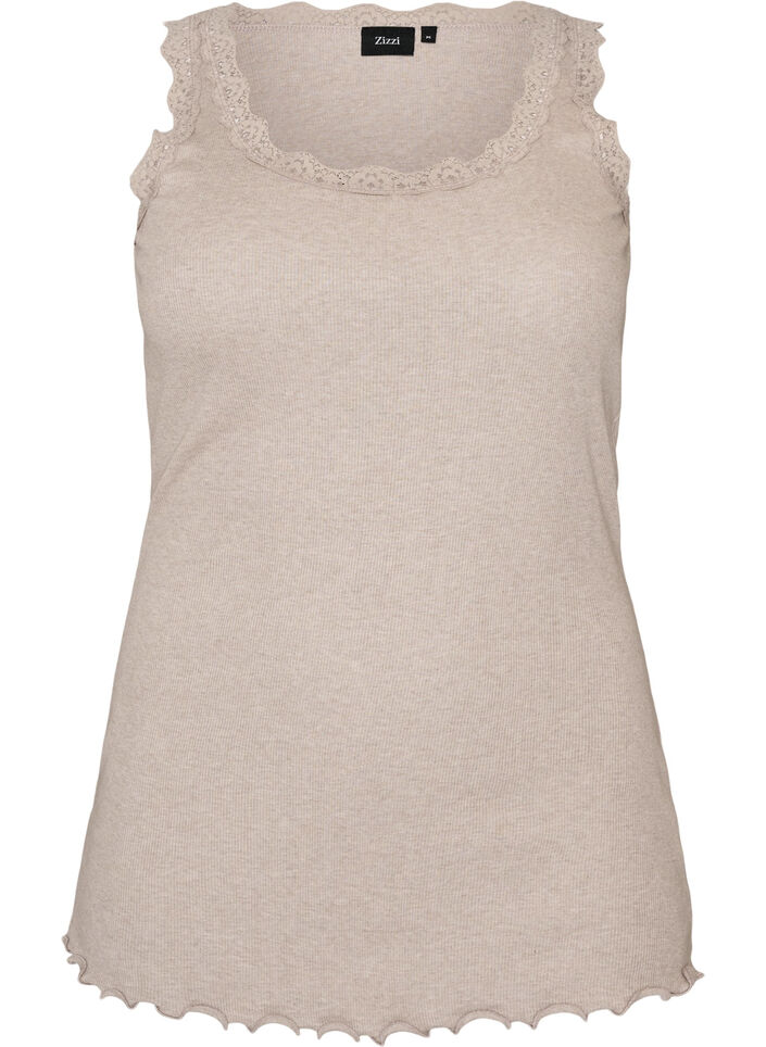 Geripptes Top mit Spitzen, Beige, Packshot image number 0