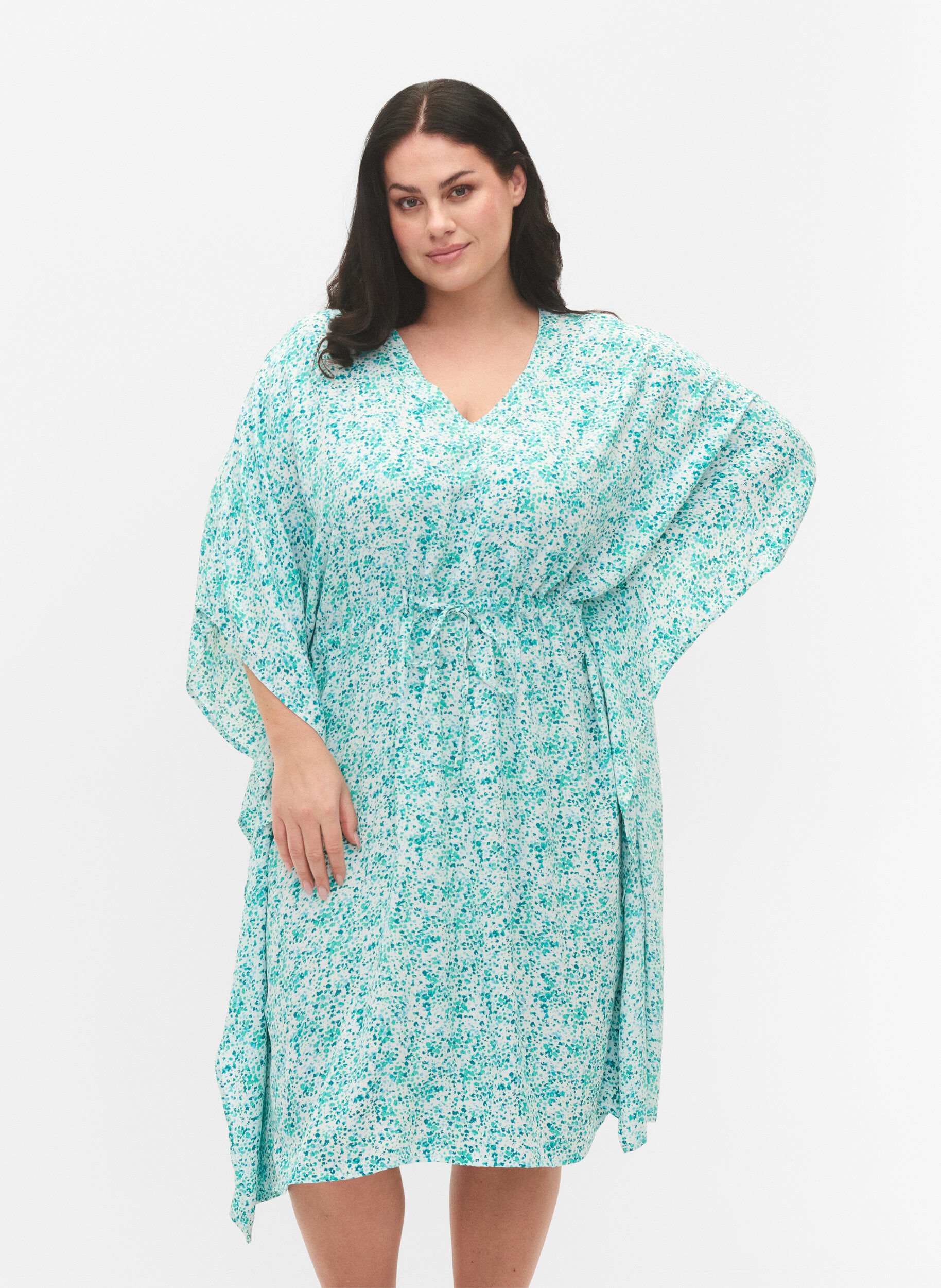 Zizzi Viskose Kaftan Kleid mit Druck, Green Dot, Model image number 0