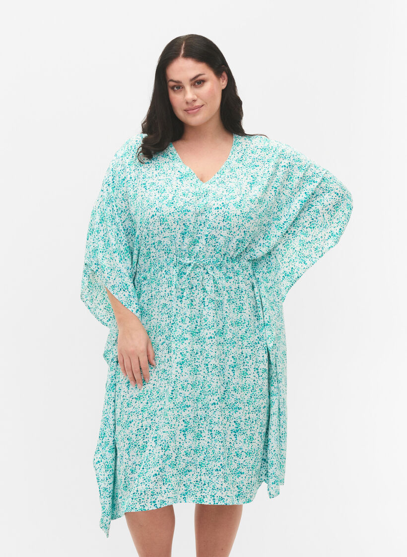 Viskose Kaftan Kleid mit Druck, Green Dot, Model image number 0