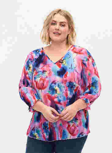 Plissierte Bluse mit 3/4-Ärmeln, Lavender Space AOP, Model image number 0