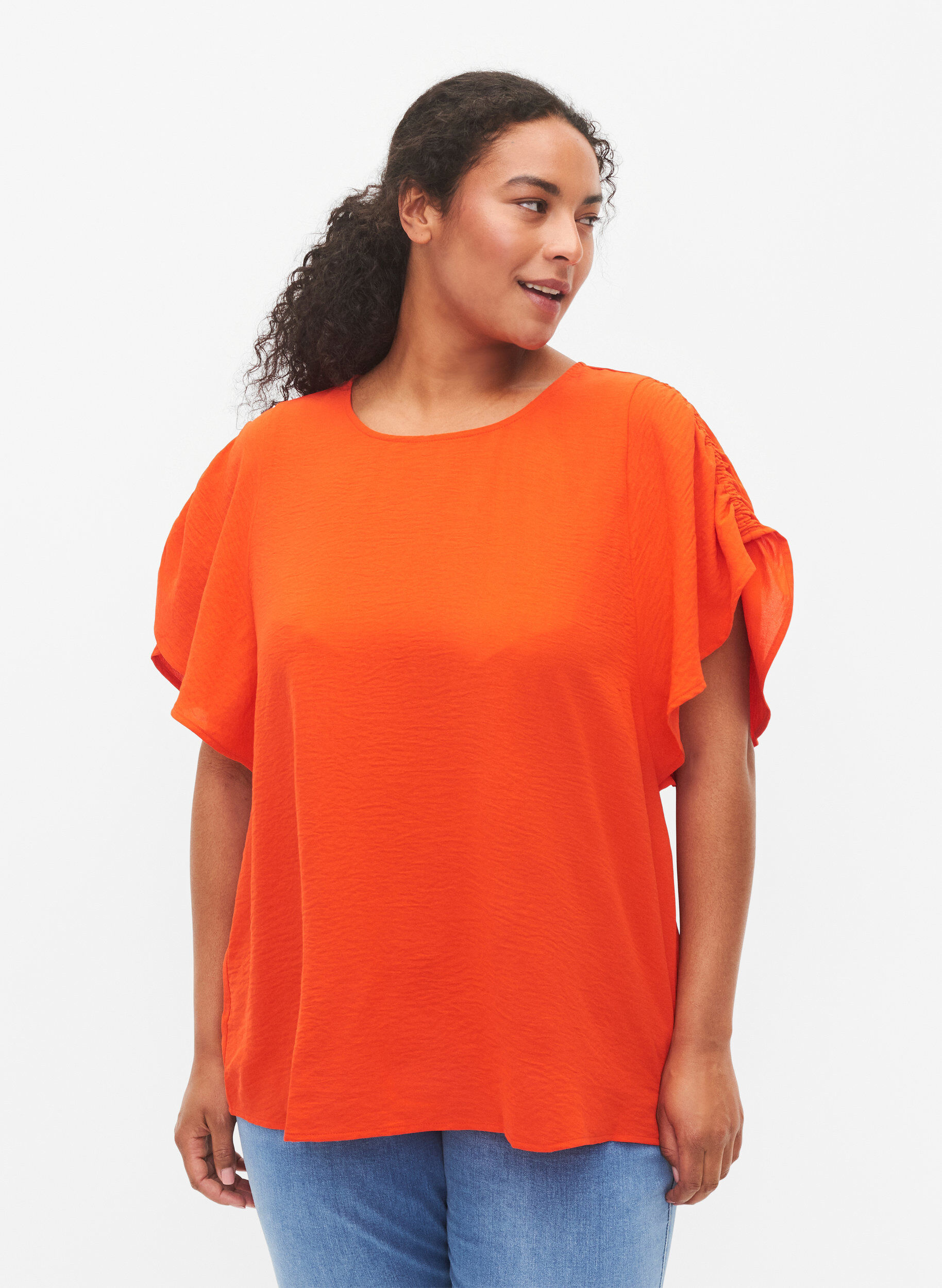 Zizzi Kurz&auml;rmelige Bluse mit Falten, Orange.com, Model image number 0