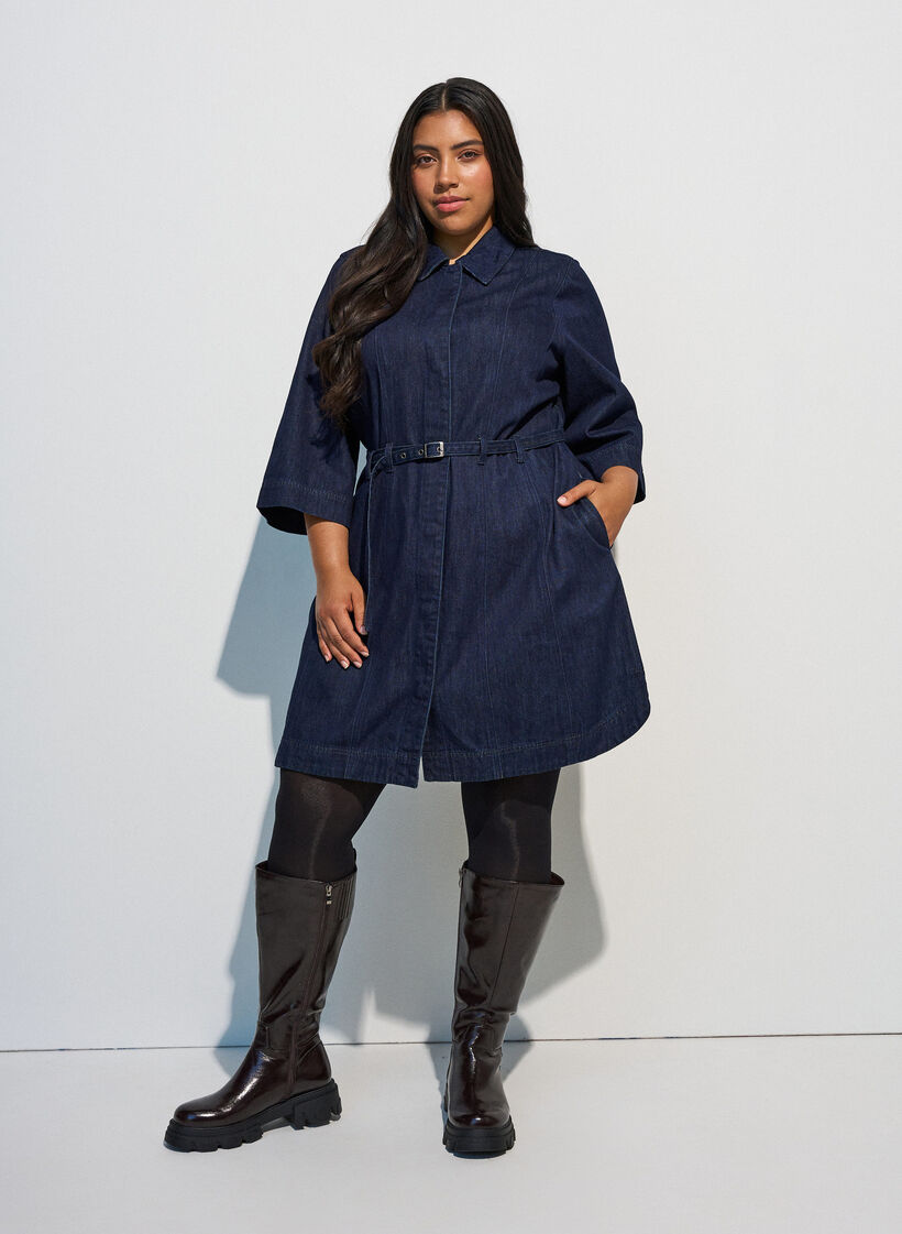 Jeanskleid mit G&uuml;rtel und 3/4-&Auml;rmeln, Blau, Model image number 1