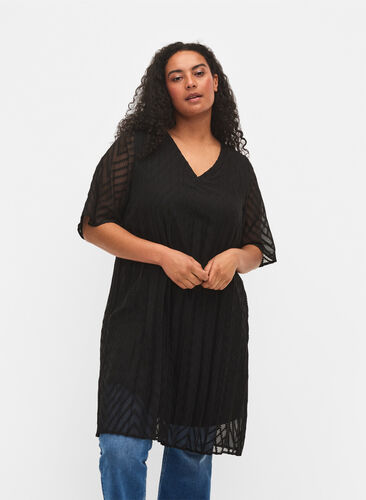 Kurzärmeliges Kleid mit Struktur , Black, Model image number 0