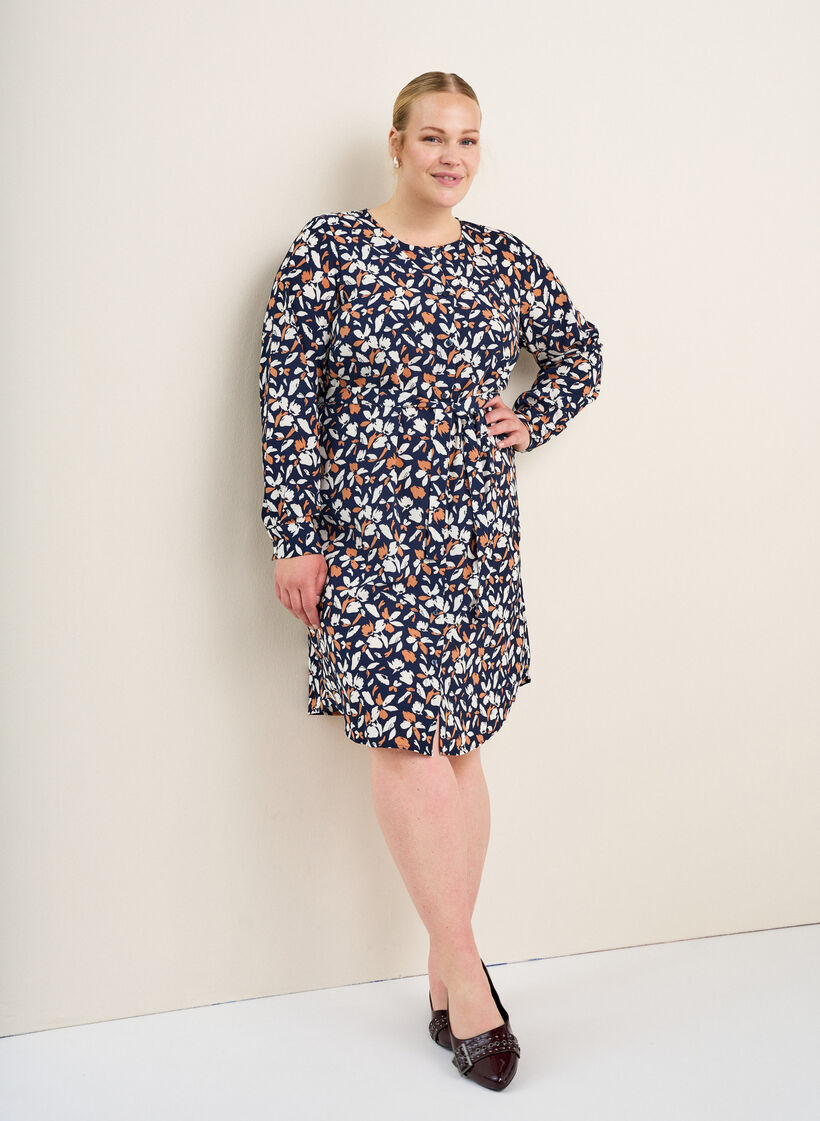 Langärmliges Hemdblusenkleid mit Bindegürtel, Blau, Image image number 0