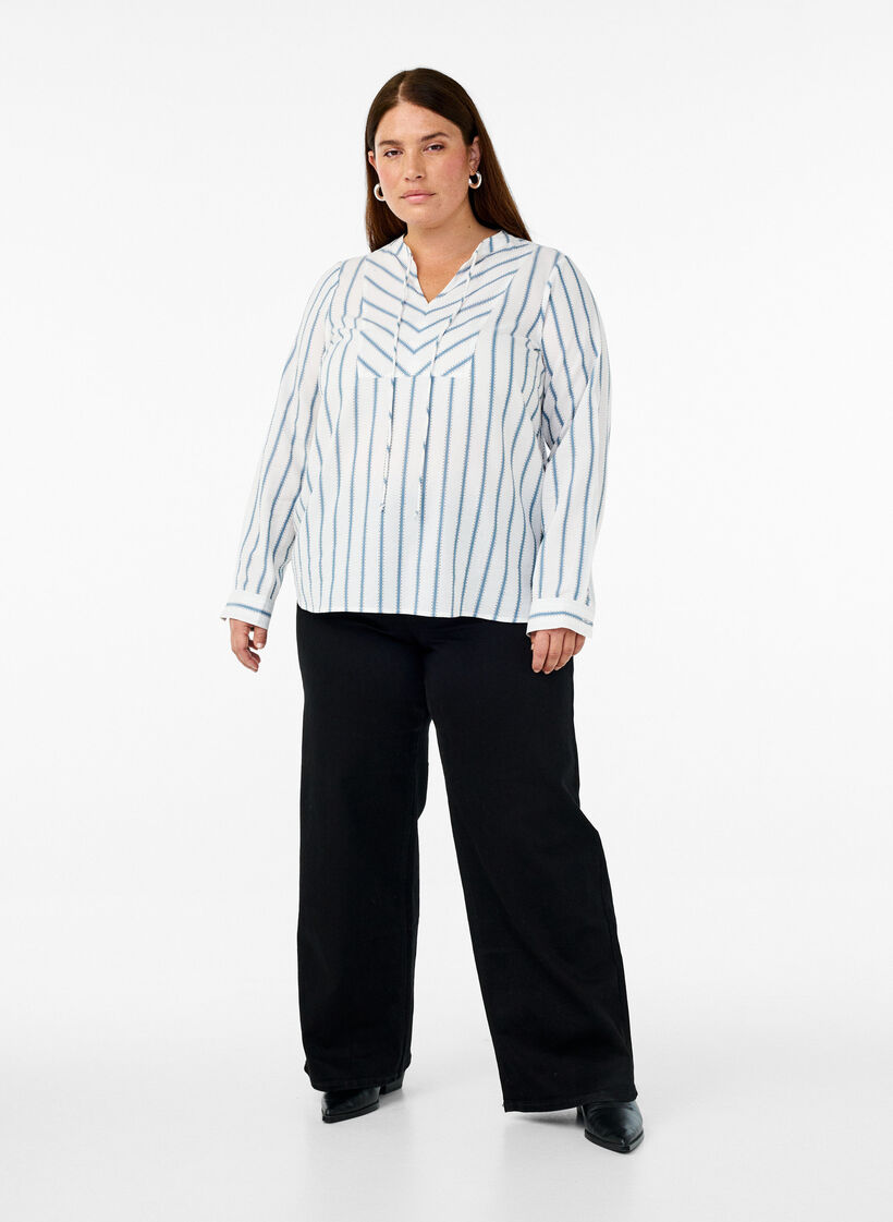 Gestreifte Bluse mit Bindedetail, Weiß, Model image number 1