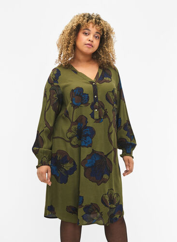 Kleid aus Viskose mit Print, Green Big Flower, Model image number 0