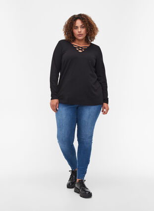 Einfarbige Bluse mit langen Ärmel, Black, Model image number 2